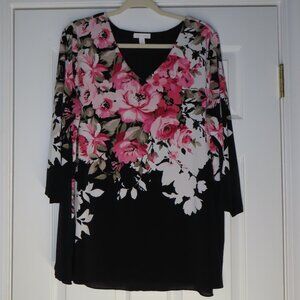 Charter Club V-neck Pullover Tulip Back 3/4 sleeve Blouse Dark Floral Print 2X